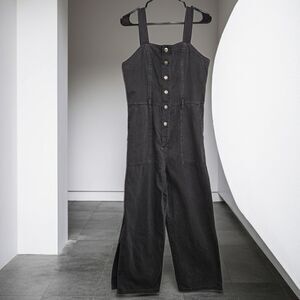 OAT aged Black Volcano Denim Overalls Wide Crop Artsy Boho Size 8 No Belt